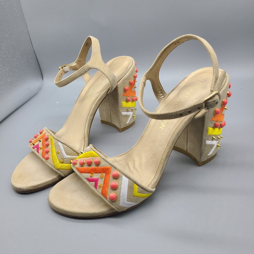 Stuart Weitzman Both Sandal chunky Heel Ankle Straps beige embellished Sz 8 - Picture 4 of 9